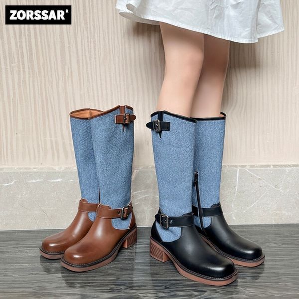 

boots genuine leather retro female thigh high cowboy western boots fashion slim chunky heels over the knee boots women denim boots 230728, Black