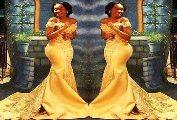 

stunning mermaid design evening dresses 2019 off the shoulder neck trumpet court train romantic yellow lace and satin beaded forma8030566, Black;red