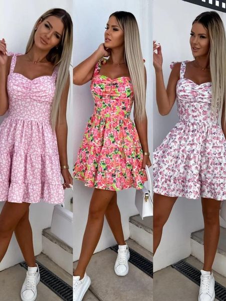 

basic casual dresses 2023 summer fashion short boho dres mini floral print female sleeveless hanging belt printed waist folded 230729, Black;gray