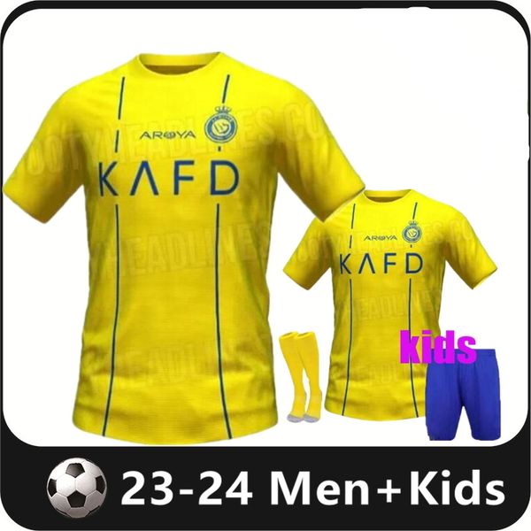 

al nassr fc soccer jerseys ronaldo 2023 2024 home yellow away 23 cr7 gonzalo martinez talisca ghislain konan vincent aboubakar men football, Black;yellow