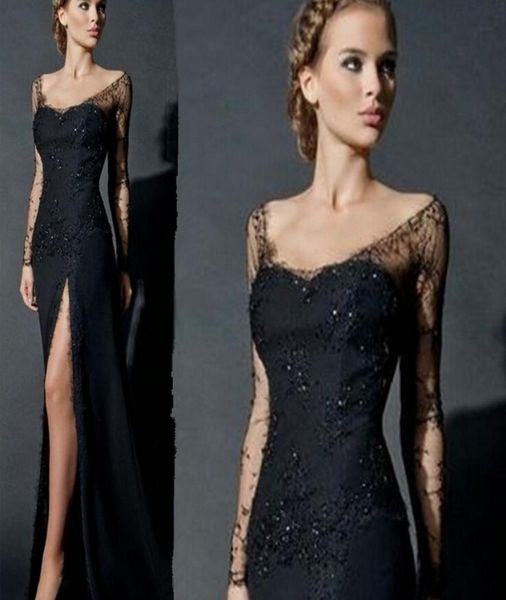 

side slit long sleeves lace evening dress black women chiffon formal lace evening gowns china robe de soiree abendkleider2874215, Black;red