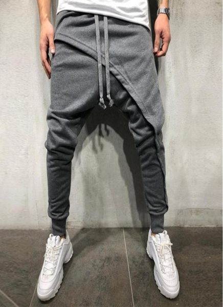 

cool men asymetric layered jogger pant hip hop streetwear jogger pants slim fit casual drawstring close bottom long pants big 5017154, Black