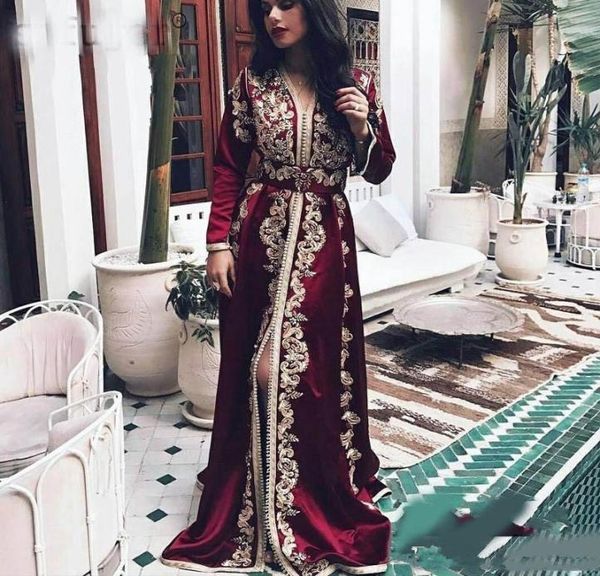 

burgundy moroccan kaftan evening dresses long sleeves lace appliques muslim split front arabic muslim special occasion formal part7118056, Black;red