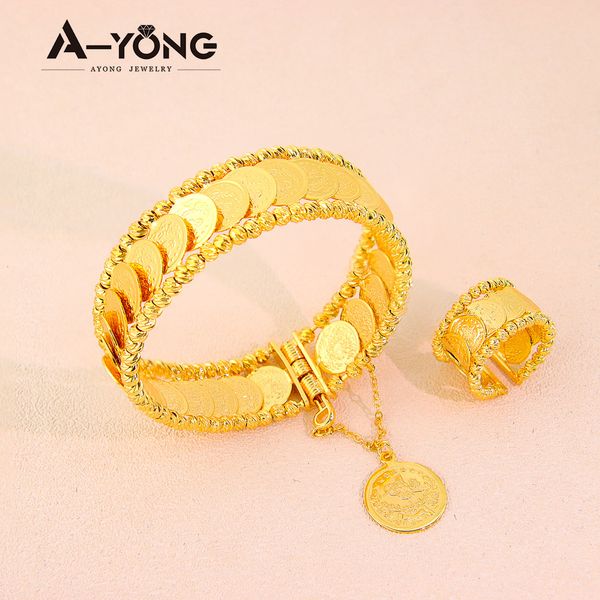 

wedding jewelry sets simple style coin 24k gold plated dubai ring and bracelet set for women banquet accessories 230729, Slivery;golden
