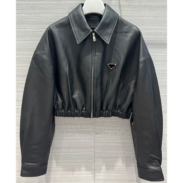 

7.29 temperament fashion triangle zipper letter jacquard lining short genuine leather jacket women, Black