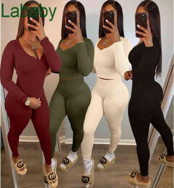 

women tracksuits desinger two pieces outfits ribbed knitted long pants suit full sleeve slim fit crop stretchy bodycon legging1794756, Gray