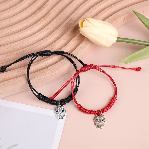 

woven cotton rope crystal owl charm bracelets adjustable women red black rope friendship bracelets jewelry, Golden;silver