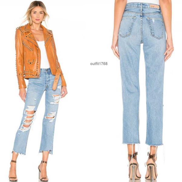 

gr same high waist 9/4 large cut design staircase ragged edge jeans for women, Blue