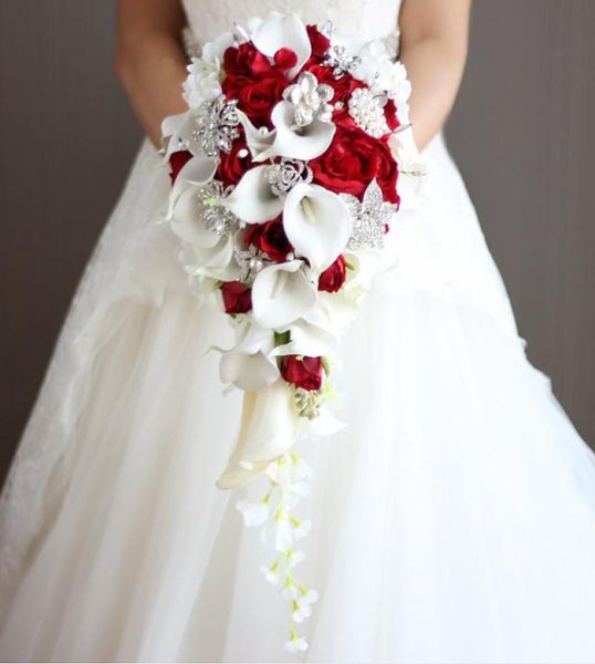 

2018 artificial pearl crystal bridal bouquets ivory waterfall wedding bridal flower red brides handmade brooch bouquet de mariage59150903
