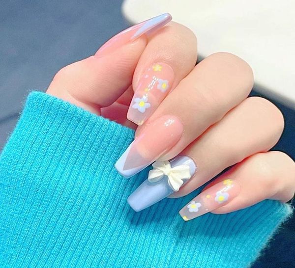 

false nails 24pcsbox detachable flower long coffin wearable french fake press on nail tips manicure tool6094237, Red;gold