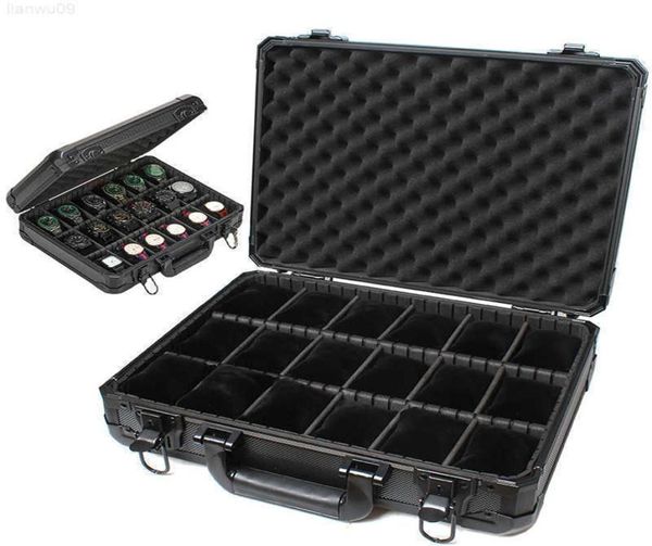 

watch boxes cases 18 grid aluminum clock boxes suitcase case bracket clock display storage box mobile partition with lock j22082522620042, Black;blue