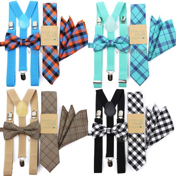 

suspenders navy brown mint green elastic suspender plaid cotton bow 6cm tie pocket square set men wedding party brace cravat gift accessory, Black;white