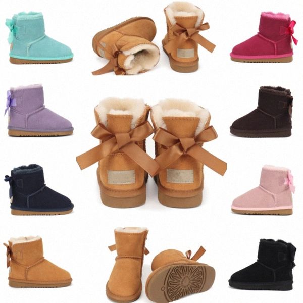 

kids shoes uggi australian warm boots toddlers mini half snow boot with bows girls bowknot shoe children boys trainers leather footwear, Black