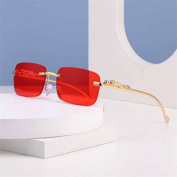 

50% off wholesale of sunglasses cheetah decorative square frameless color glasses for men and women leopard head metal sunglasses, White;black
