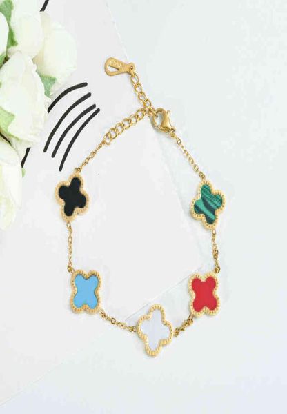 

colorful 5 flower clover charm bracelet gold plated titanium steel jewelry for women gift8648117, Black
