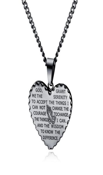 

fashion men charm heart pendant necklace prayer hand scripture punk hip hop jewelry stainless steel chain gold silver black neckla1465992