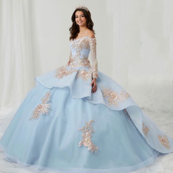 

sky blue off-shulder long sleeved quinceanera dresses vestidos de 15 anos appliques 3dflowers tiered formal princess birthday, Blue;red