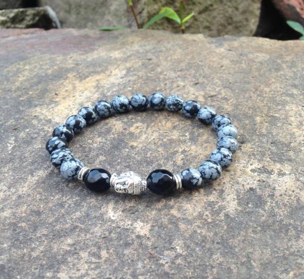 

sn0399 natural stone stretch bracelet men snowflake stone buddha bracelet black facted stone jewelry for man6736885