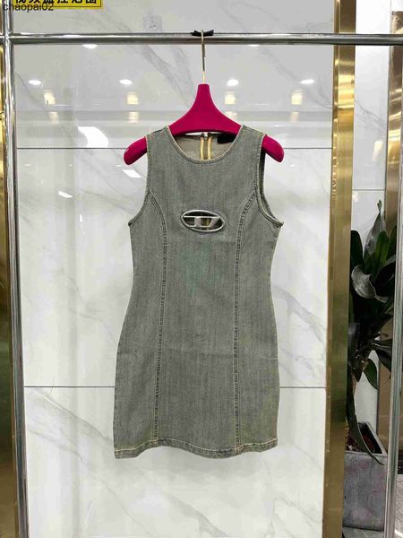 

2023 elegant dress women o-neck hollow out sleeveless high waist denim solid color lady fashion dresses, White;black