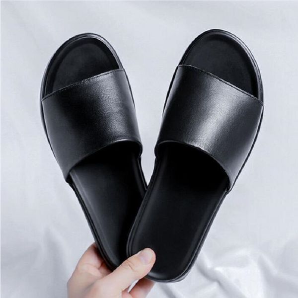 

summer mens slippers fashion genuine leather beach slipper outdoor light non-slip sandals soft comforthable casual men shoes 1aa28, Black