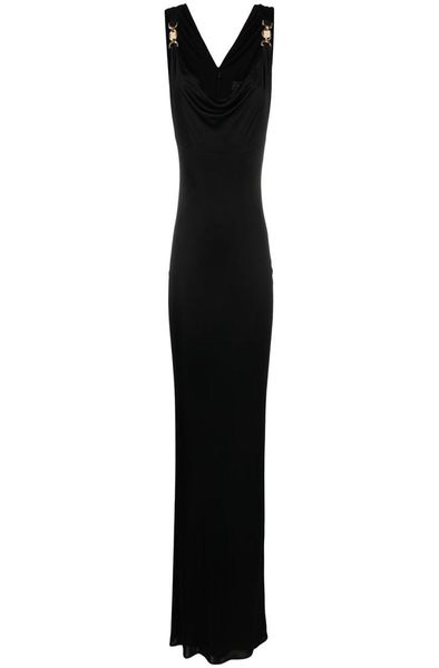 

new women runway dresses v neck sleeveless black dress women gold button slim long bodycon milan party evening d5357582