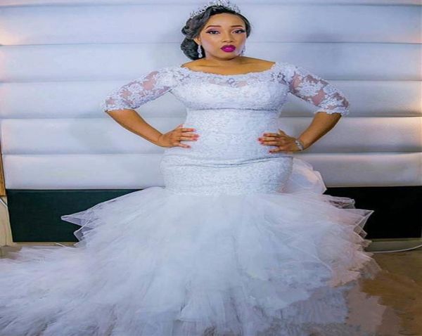 

plus size african wedding dresses 2019 new design custom made court train 34 long sleeve ruffled tulle lace mermaid bridal gowns 7592863, White