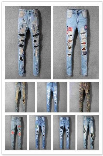 

tide pleated hole slim feet slightly elastic mens pants stretch slim jeans fashion brand trousers6688827, Blue