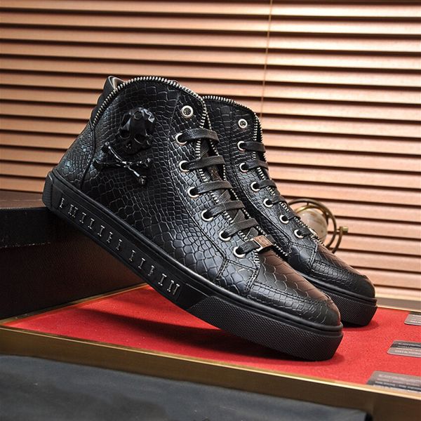 

paris high help quality mens solid casual shoes fashion metal designer shoe runner trainers genuine skeleton genuine leather fashion metal b, Black