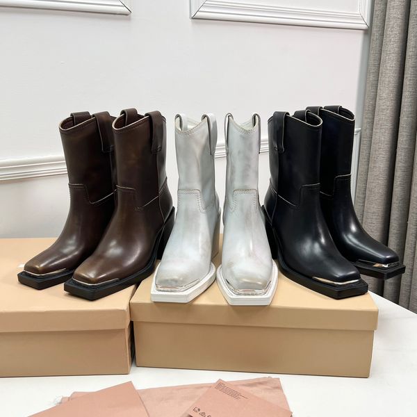 

2023 designer australia boots square headed trendy mid calf winter knight cowboy boots mens womens nude combat western snow boot, Black