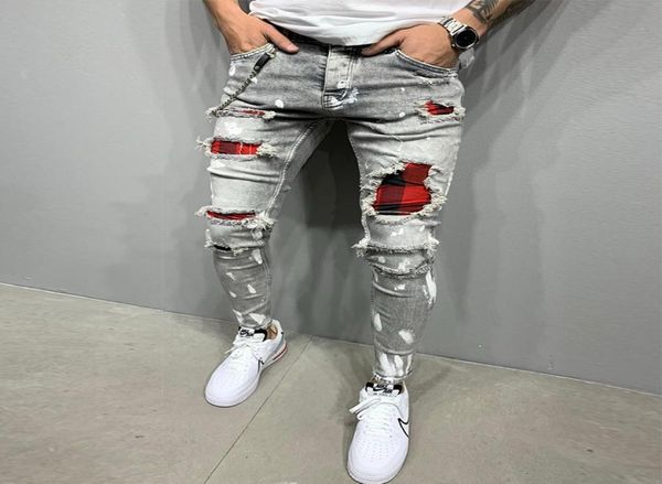 

mens ripped skinny jeans patchwork grid stretch casual denim pencil pants man fashion paint painting jogging trousers male 298161928, Blue