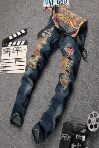 

popular hole ripped stretch denim jeans casual hiphop biker trousers men skinny distressed vintage pants mix order size4636121, Blue