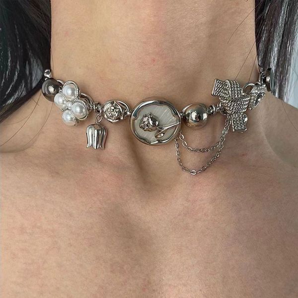 

punk hip hop exaggerated thick chain necklaces rose flower choker, Silver
