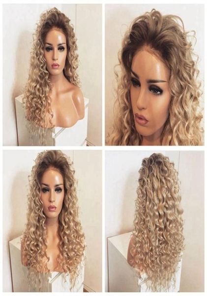 

long brown roots blonde kinky curly full lace front wig baby hair 180 density heat resistantombre synthetic wigs for women8671683, Black