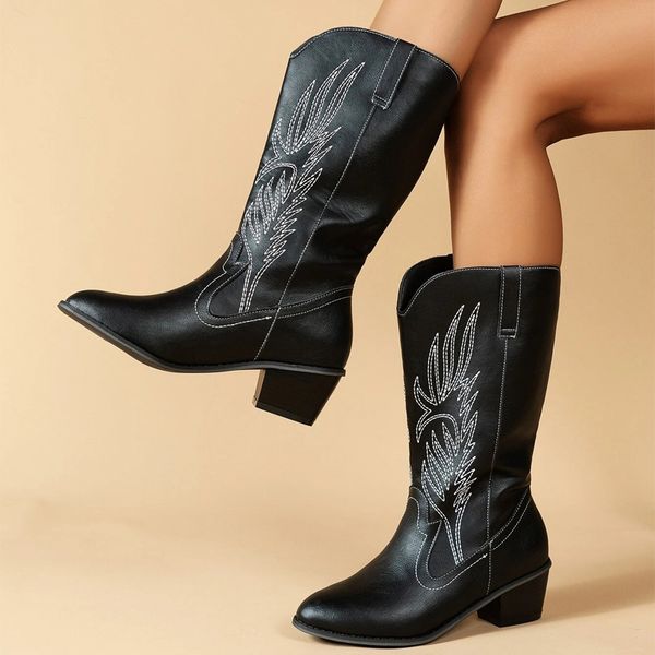 

boots women winter boots pu leather wedge high heel cowboy western boots totem gingham shoes outdoor mid-calf slip-on women shoes 230728, Black