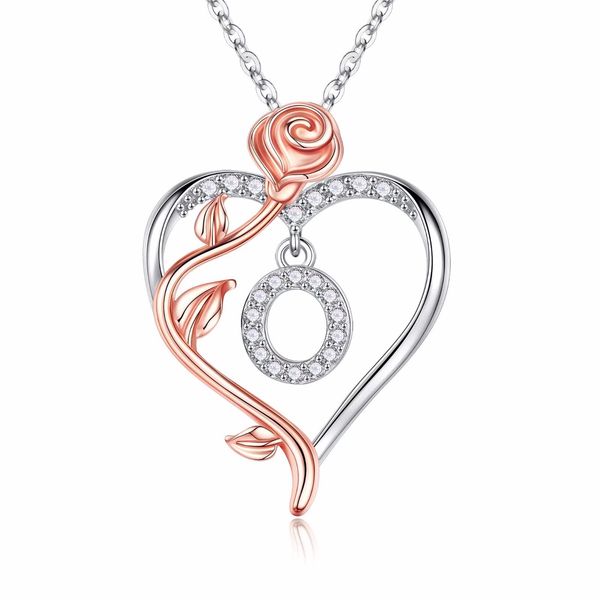 

iefil rose heart necklaces gifts for women,925 sterling silver rose love heart initial letter pendant necklace jewelry mothers day valentine