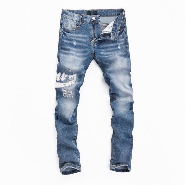 

2023 designer mens jeans high street purple for men embroidery pants womens oversize ripped patch hole denim straight fashion streetwear sli, Blue