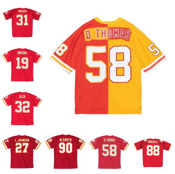 

stitched football jersey 58 derrick thomas 88 tony gonzalez 19 joe montana 31 priest holmes 32 marcus allen 1969-2005 mitchell & ness retro, Black;red