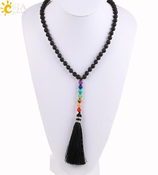 

csja natural black lava rock volcanic stone beads long necklace 7 chakra tassel pendants mala prayer women men diy meditation jewe8234391, Silver