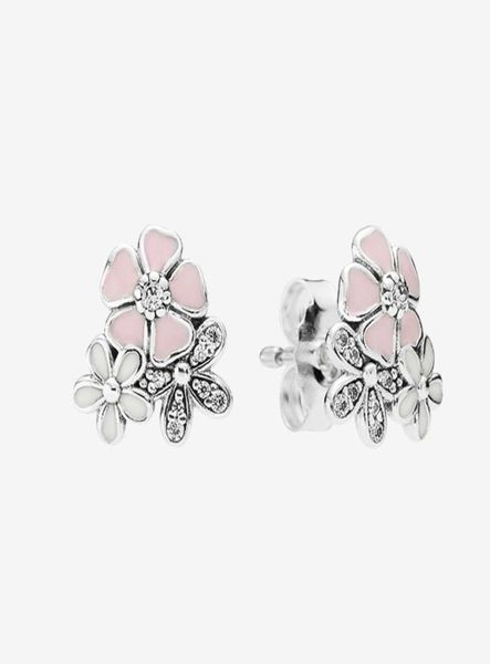 

pink flowers stud earrings beautiful women girls gift jewelry with original box for 925 sterling silver cz diamond earring set9225692, Golden;silver