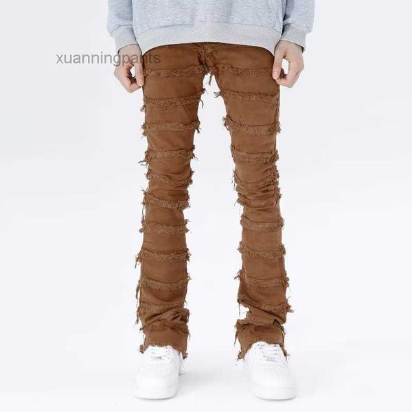 

men's jeans retro patchwork flared pants wild stacked ripped long straight baggy washed faded men 6rqu, Blue