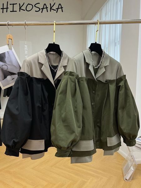 

womens jackets notched collar contrast color patchwork fake two piece jackets single breasted long sleeve loose coat fall casual outwear 230, Black;brown
