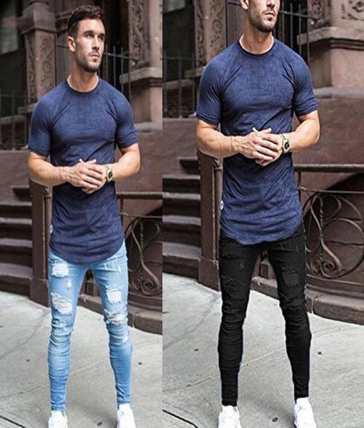 

mens skinny jeans washed feet shinny denim solid pants hip hop elastic waist joggers knee zipper tight small foot 07206995224, Blue