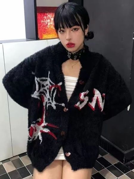 

women's knits tees deeptown y2k gothic knitted cardigan women punk harajuku oversized button up sweater v-neck loose long sleeve e-gir, White