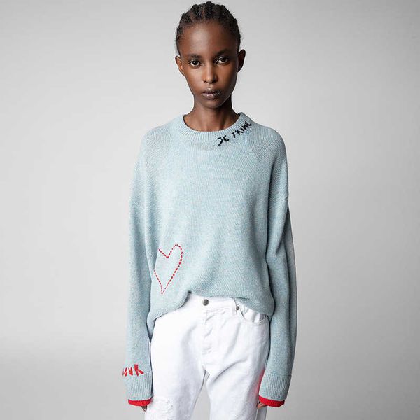 

zadig voltaire women designer fashion hoodie cotton sweatshirt new zv knitted sweaters letter love embroidery handmade hooked crew neck long, White