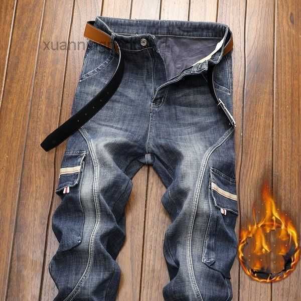 

denim hole jeans ripped pants men autumn winter velvet hip punk streetwear 8ltm, Blue