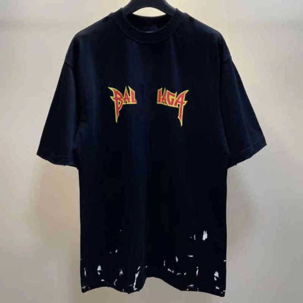 

designer t shirt balaciaga fashion brand paris b home washed short sve t-shirt men's and women's same letter embroidery retro, White;black