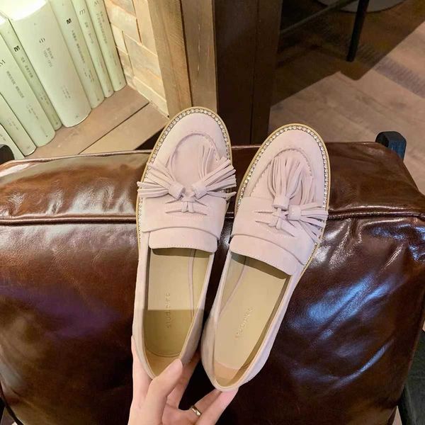 

new pure original sw women's shoes tassel thick soled slip-on shoe round head leather comfortable versatile slip on shoes, Black