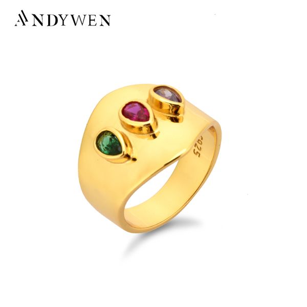 

wedding rings andywen 925 sterling silver gold gemstone big large three zircon red green brown colorful rock punk jewelry 230729, Slivery;golden