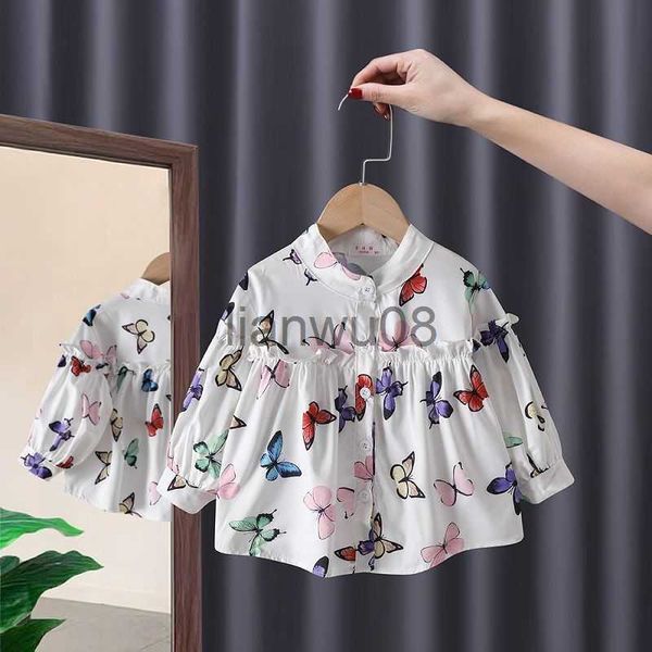 

kids shirts spring 100 cotton butterfly printed blouse summer striped shirt korean baby long sleeve loose shirts school girls blouses x0728, White;black
