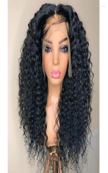 

natural looking 180 density 26 inch long kinky curly black lace front wig for women babyhair glueless preplucked synthetic daily709282784, Black;brown